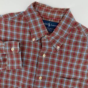 Ralph Lauren Mens Large Custom Fit Plaid Button Down Shirt Red Blue Cotton